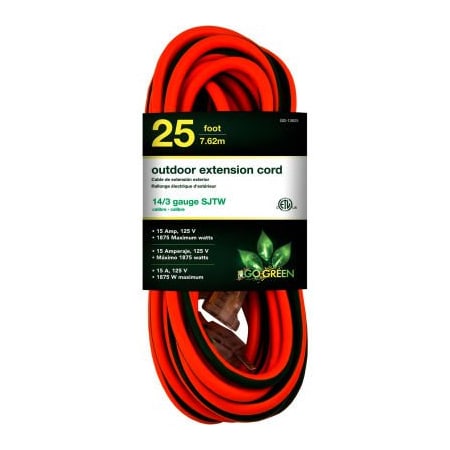 Gogreen SJTW Extension Cord, 14 AWG, Outdoor, 14/3, 1 Outlets, Green/Orange, 25 ft GG-13825